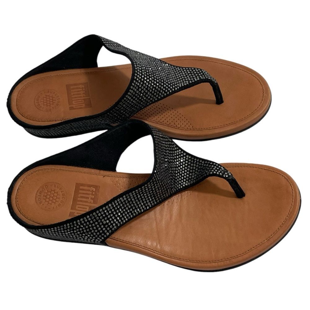FitFlop Sandals Women’s Size 7 Banda Glitz Black Rhinestone Thong‎ Slip On Shoes